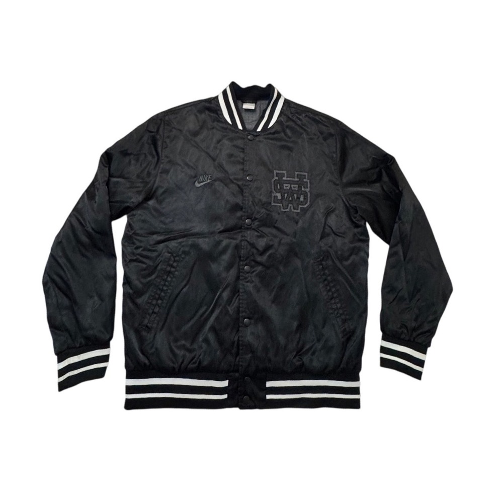 Nike Sportswear Beaverton Oregon Varsity Satin Bomber Jacket Mens Large Black